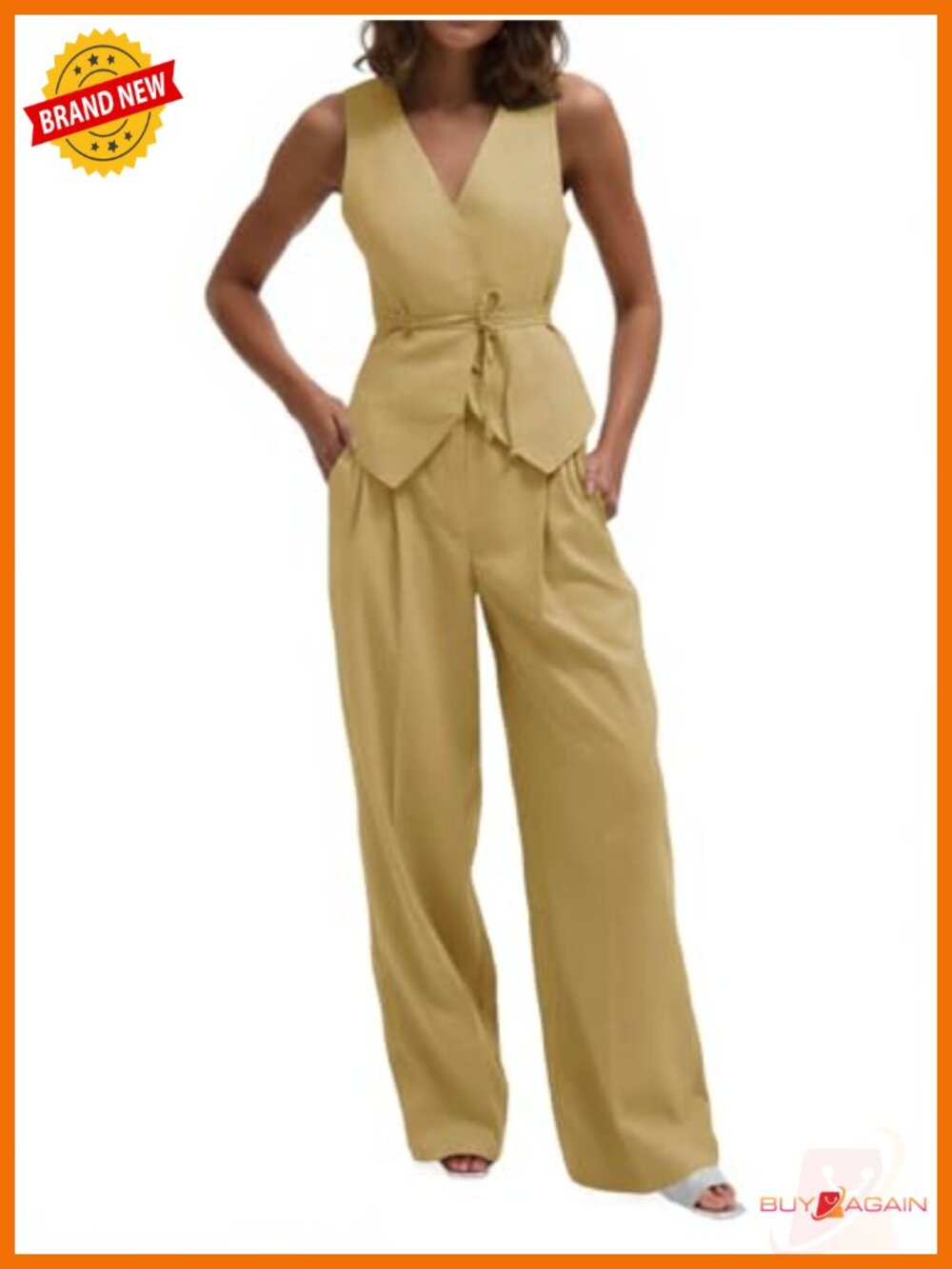 Womens 2 Piece Outfit V Neck Blazer Vest and Wide Leg Pants Set Business Casual